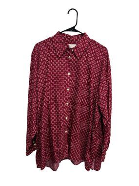 Elisabeth By Liz Claiborne Red Geometric Print Long Sleeve Button Up Shirt Retro